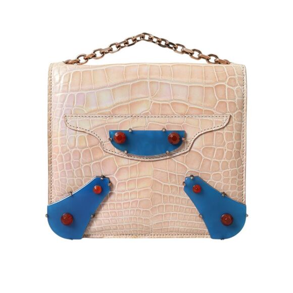 Balenciaga Beige Blue Agate Exotic Leather Gold Chain Purse Women's Bag - Picture 1 of 6